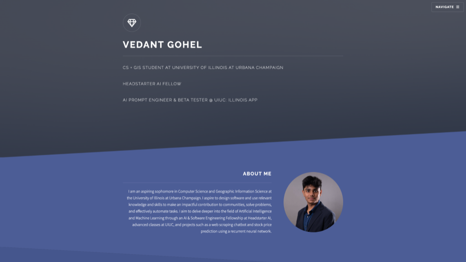 Vedant Gohel created this landing page as a personal portfolio using HTML/CSS.